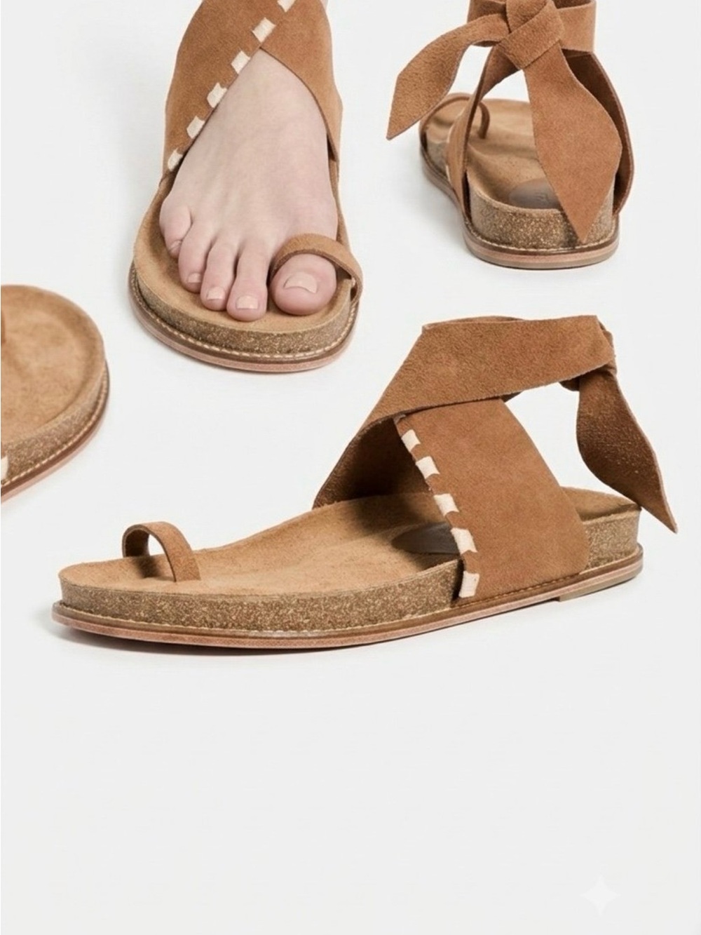 Johanna Ortiz Tan Suede Wrap Toe-Ring Sandals